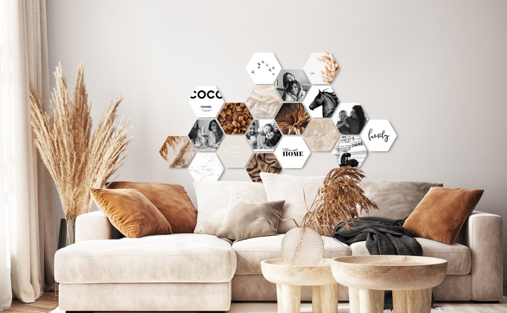 Shapes® Wandcollage mit modularen Hexagon-Fototafeln — kreativ, flexibel und einfach zu erweitern für ein individuelles Design.