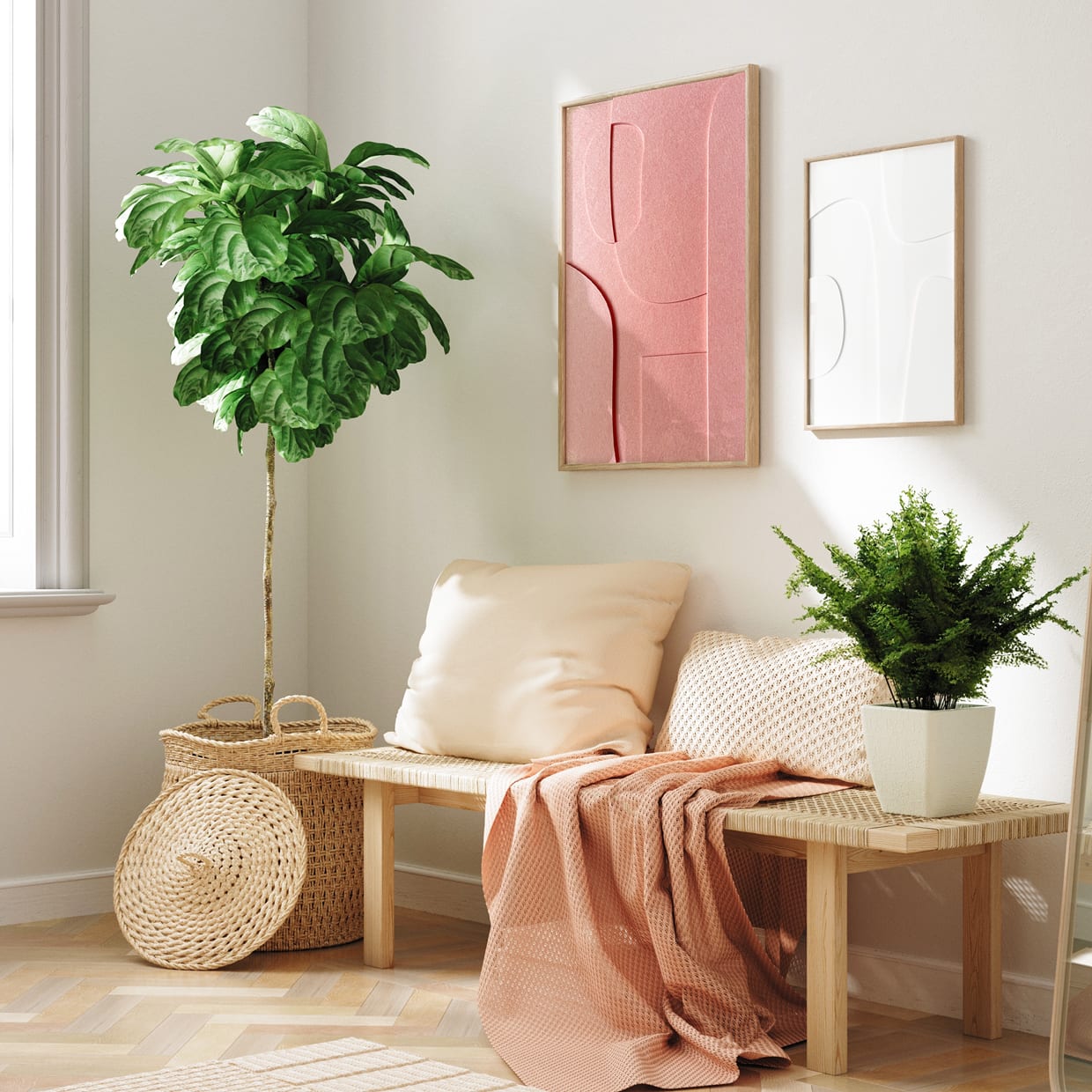 Zweiteilige akustische Filzkunst im Wohnzimmer